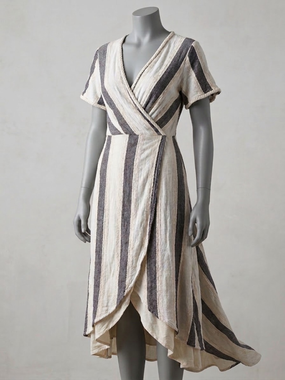 O'Neill Striped Wrap Midi Dress in Cream and Gray